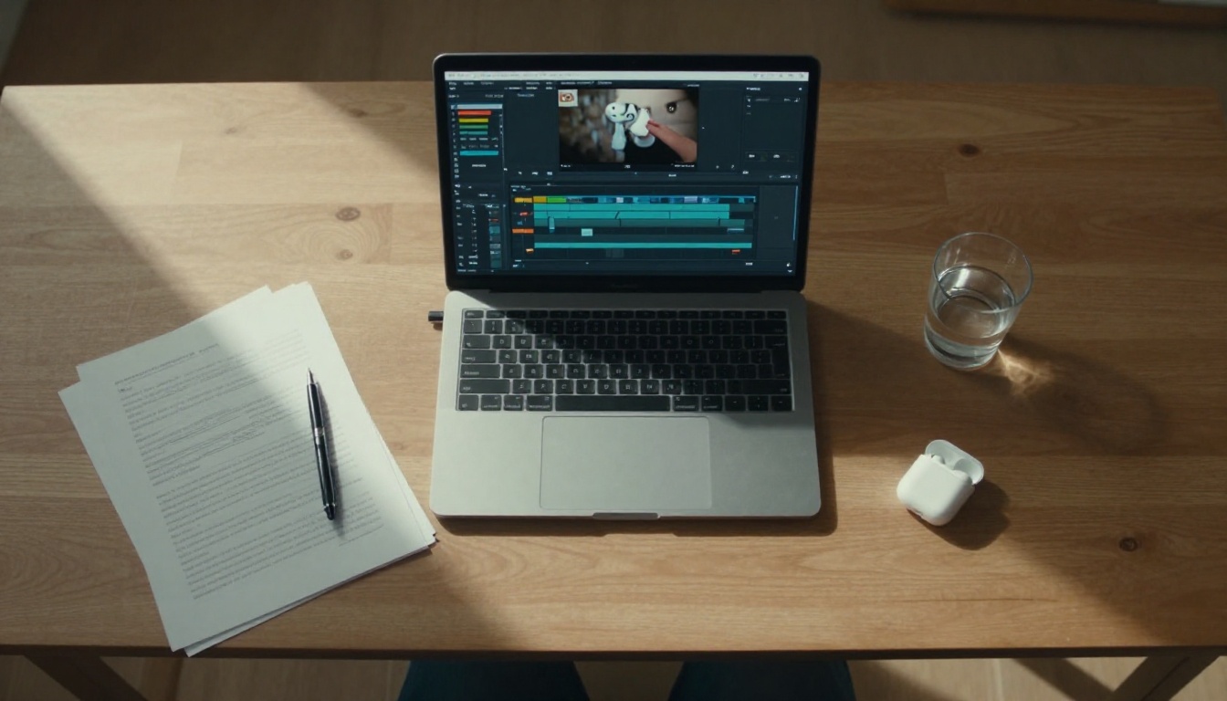 Bird's-eye view of a filmmaker's desk with laptop showing AI video editing timeline and audio tracks