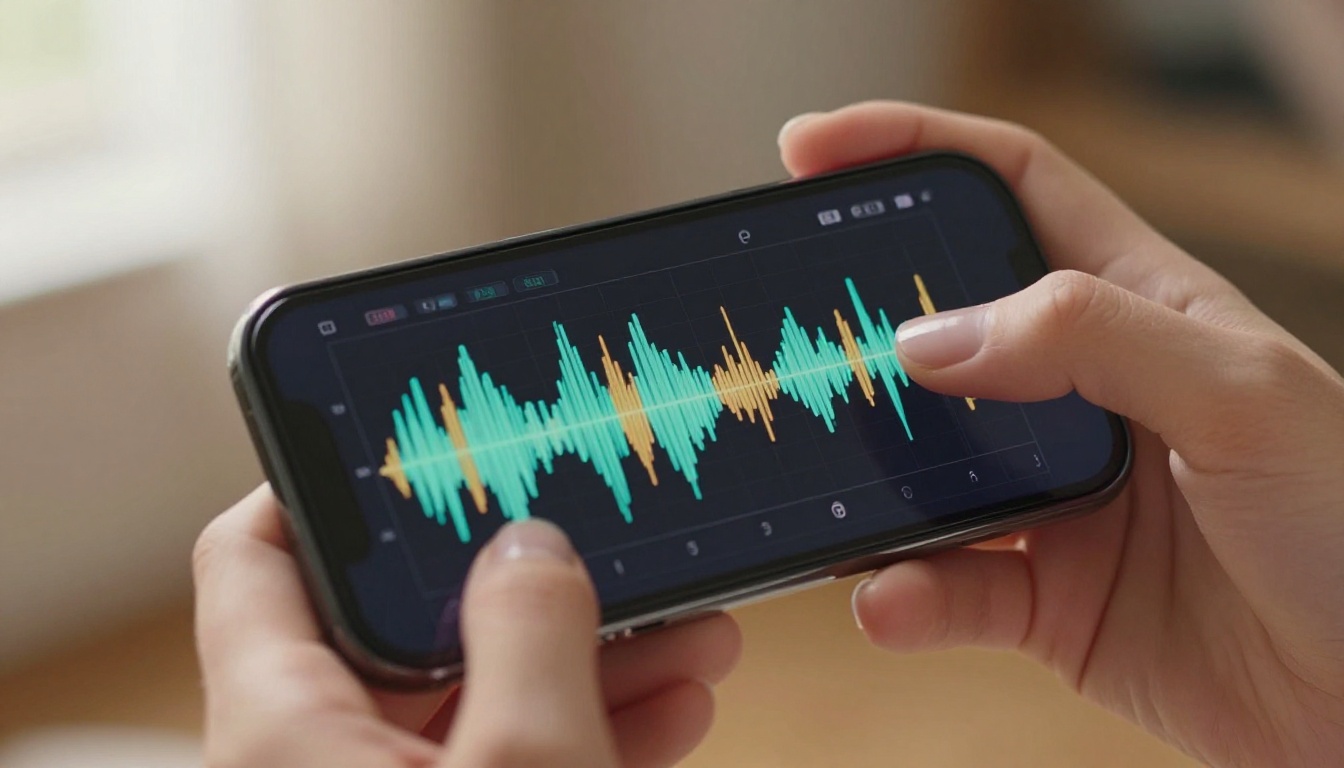 Audio waveform visualization on smartphone screen held in hand