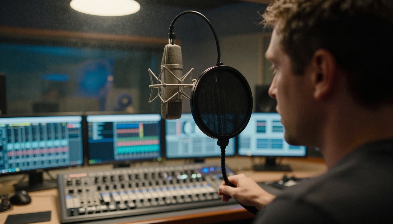 Sound engineer recording vocals in professional studio booth viewed through glass
