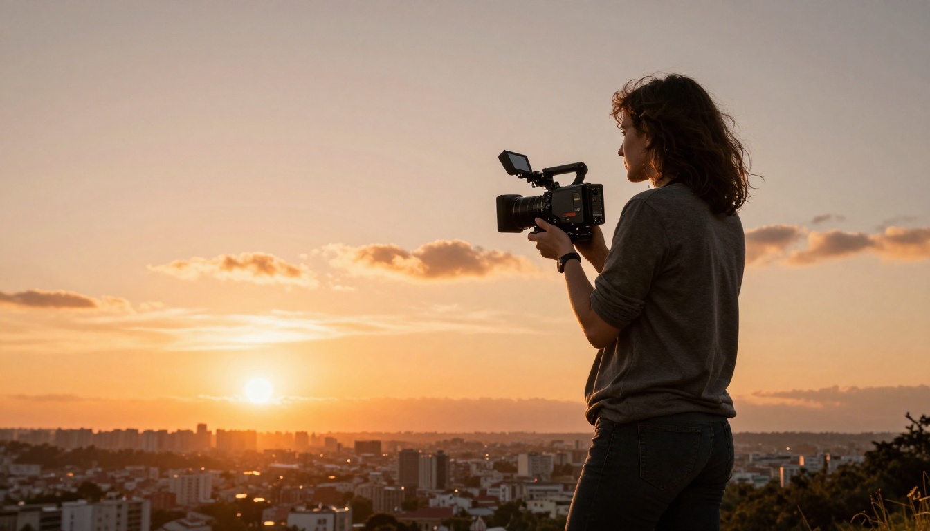 Female filmmaker at golden hour on hillside with cinema camera overlooking city skyline