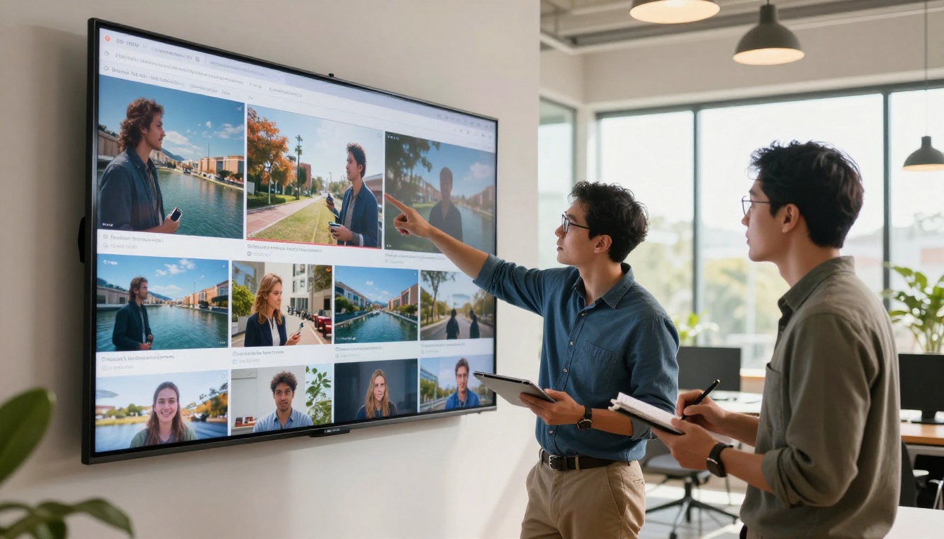 Two colleagues reviewing AI-generated video content on a wall-mounted screen in a modern co-working space