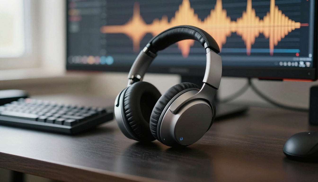 Premium over-ear headphones on a dark desk next to keyboard with audio spectrum visualization on blurred monitor