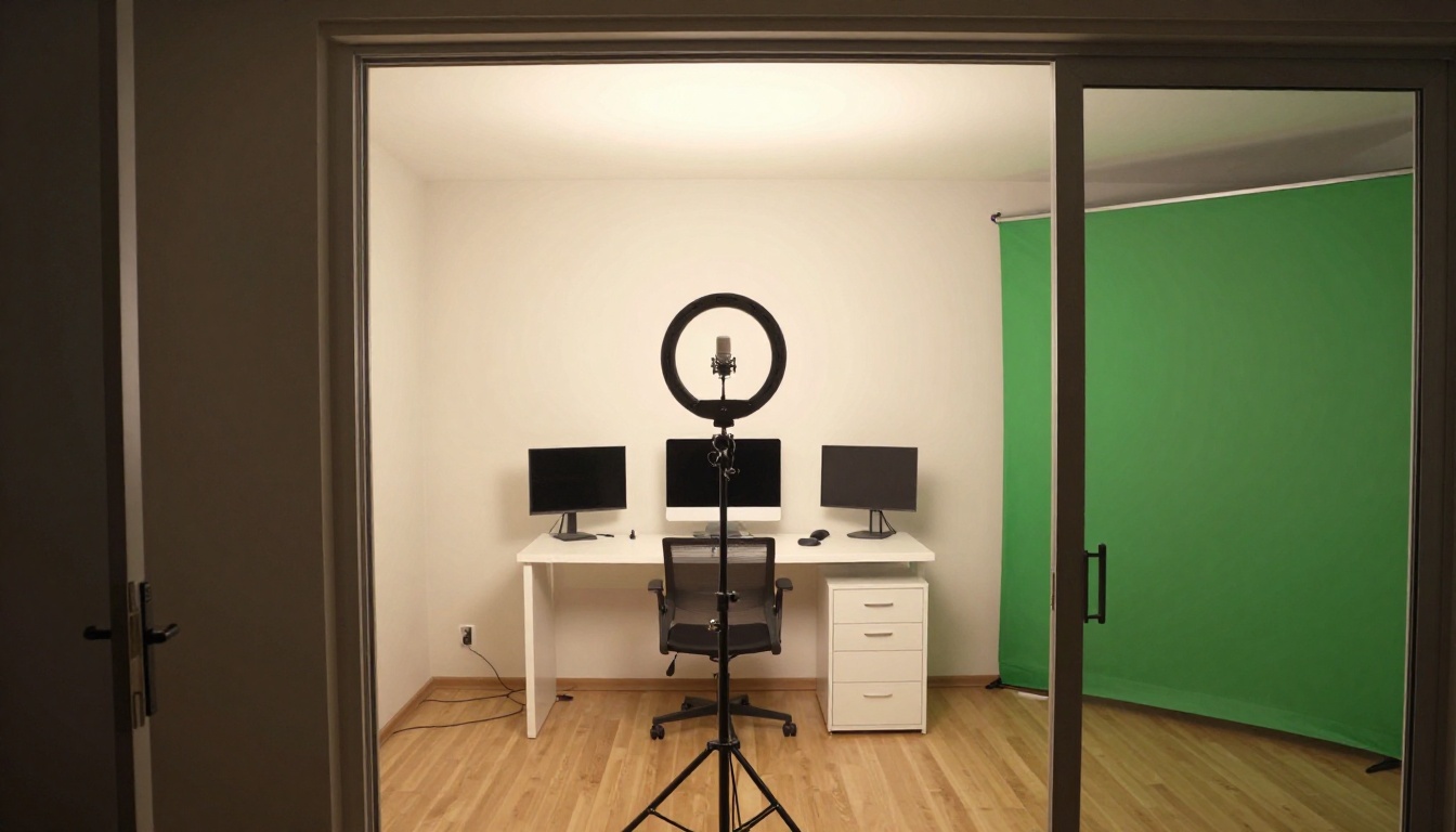 Wide interior shot of modern home video studio with ring light microphone and multiple monitors