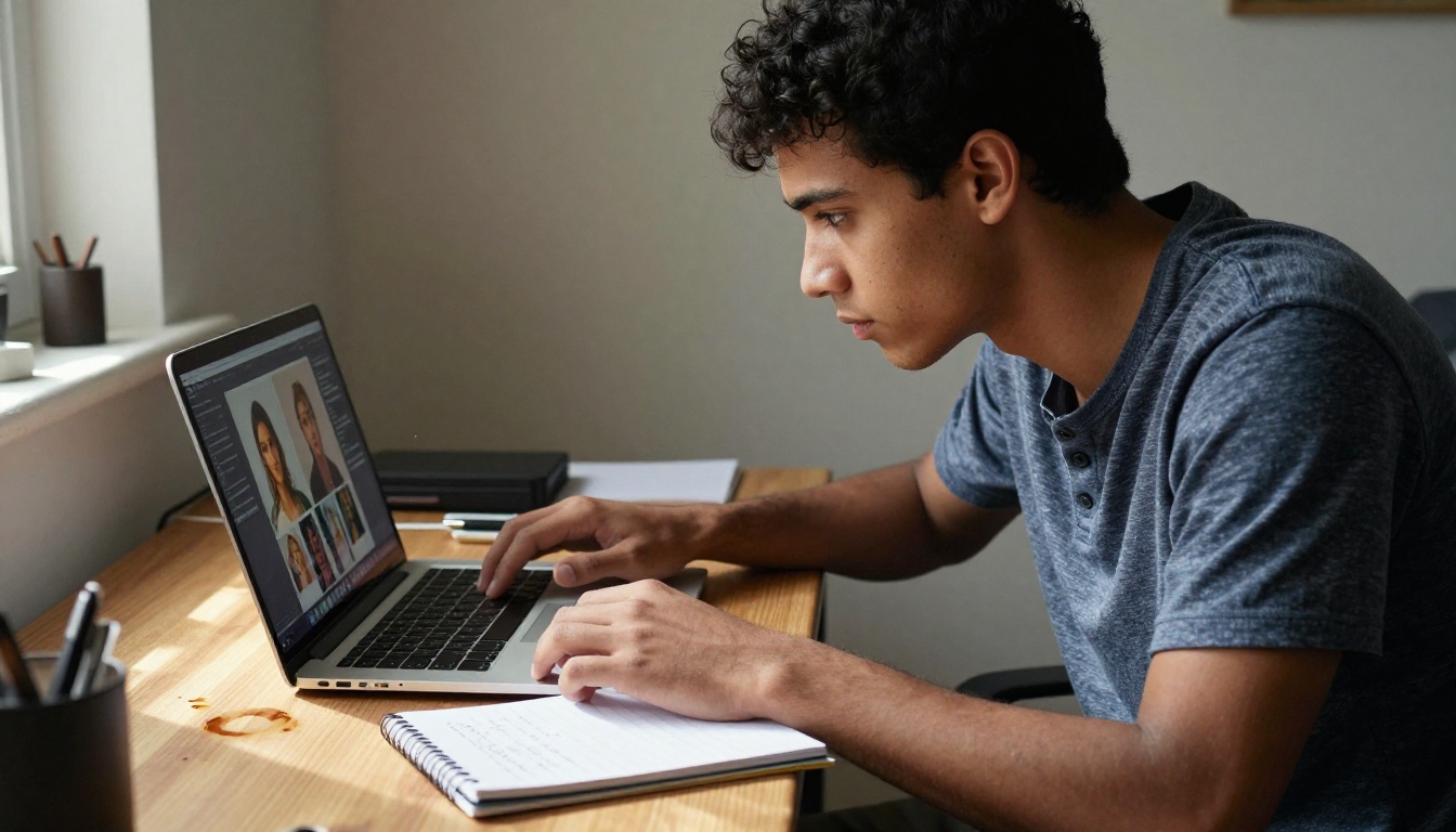 Man at laptop reviewing AI-generated images