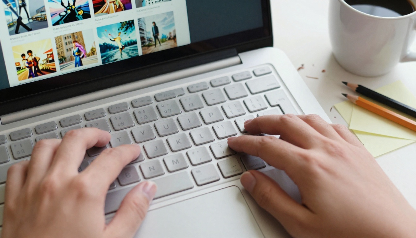 Hands typing on laptop with AI interface on screen