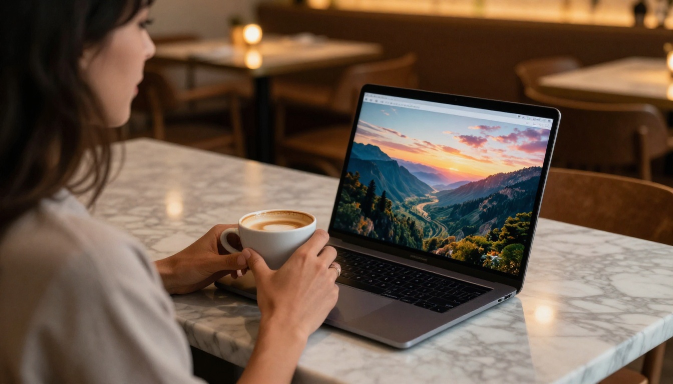 Woman at cafe with laptop showing AI-generated images
