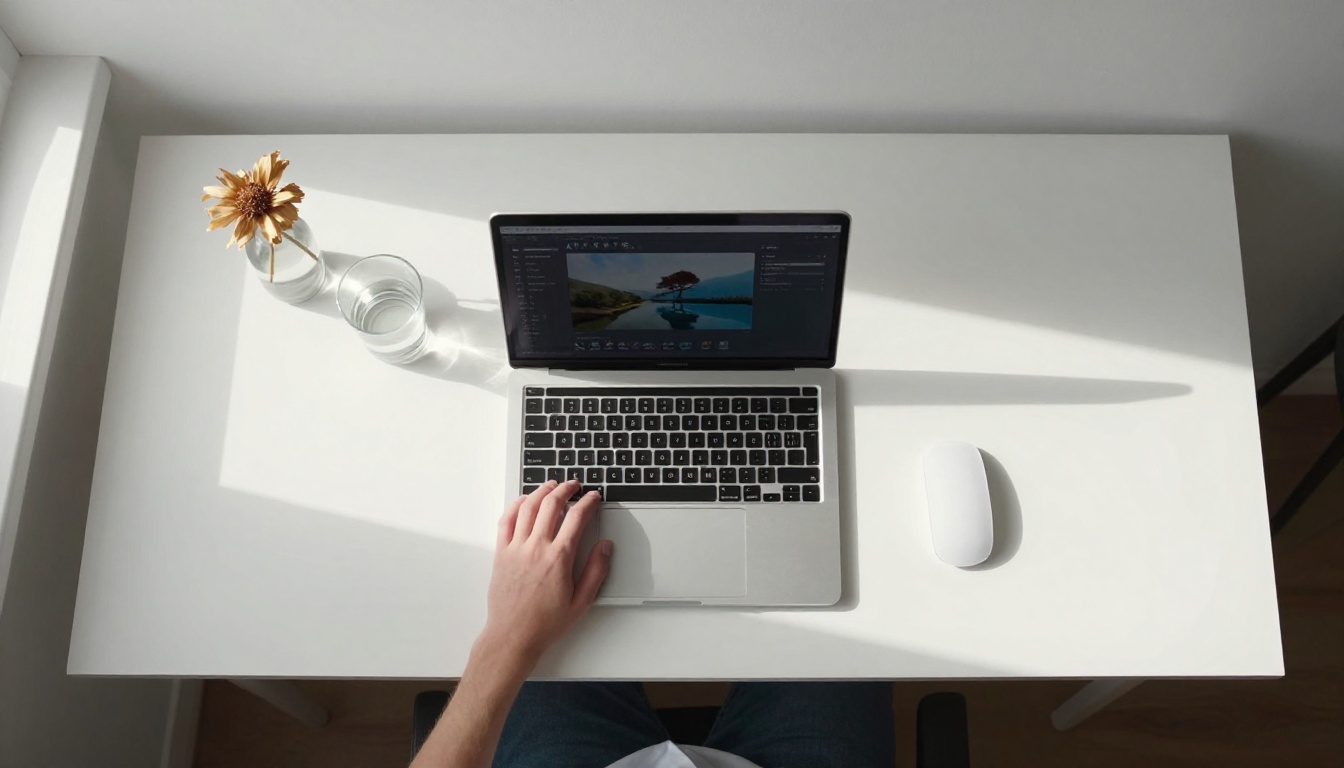 Aerial desk view with laptop and minimalist setup