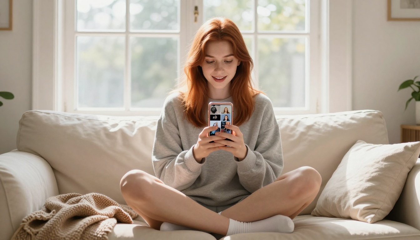 Woman scrolling AI images on phone on a couch