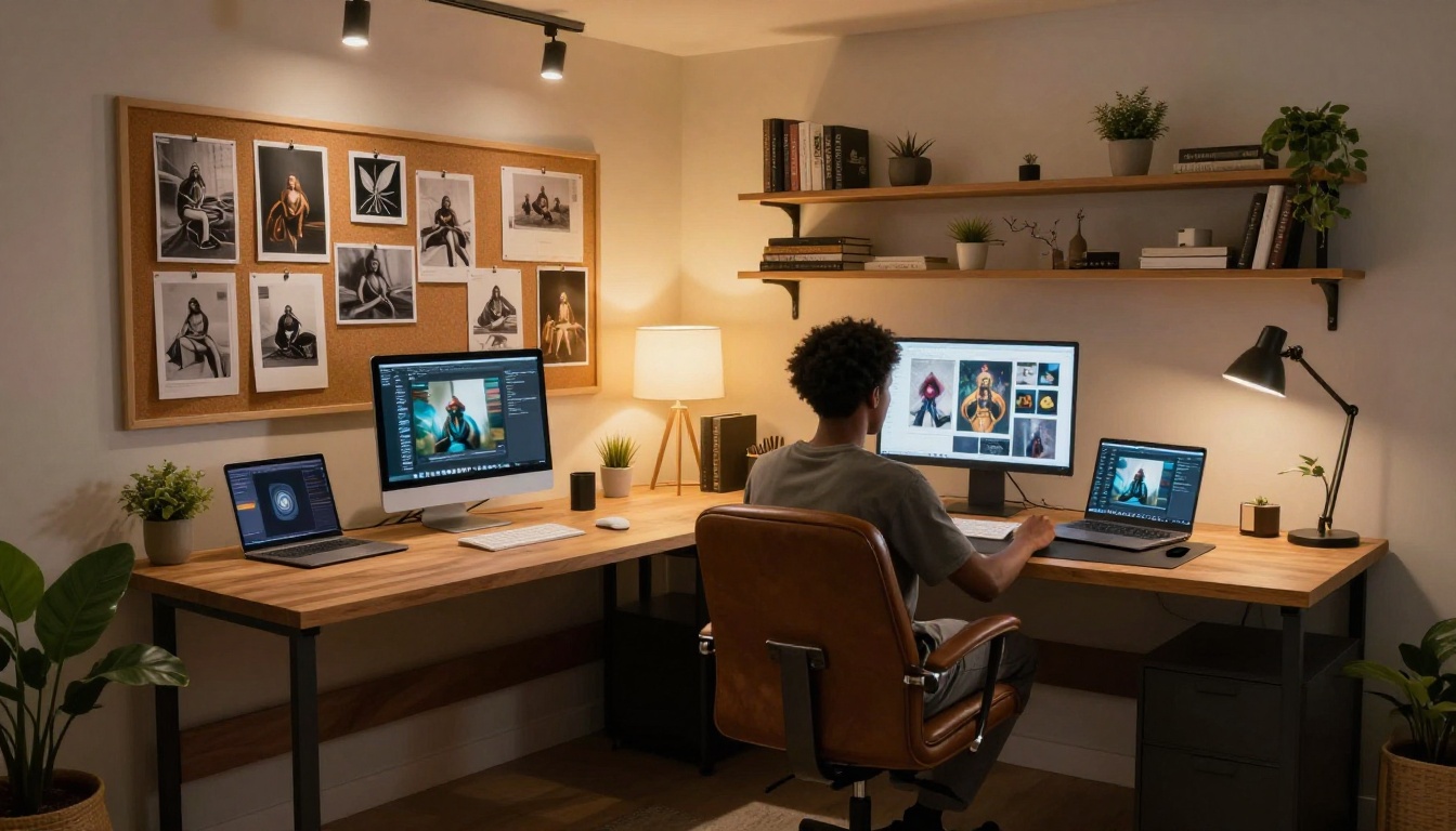 Wide home office with AI art on cork board Wide home office with AI art on cork board