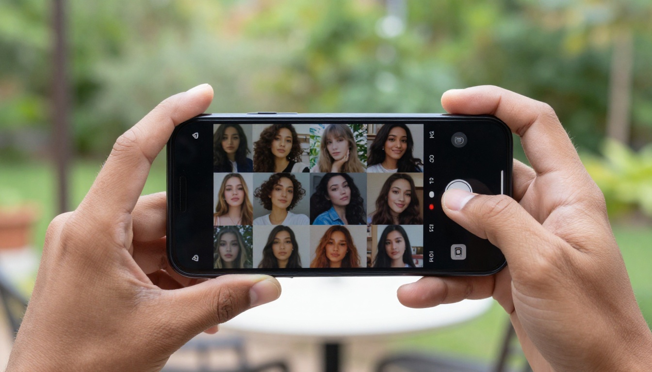 Hand swiping through AI portraits on smartphone outdoors Hand swiping through AI portraits on smartphone outdoors