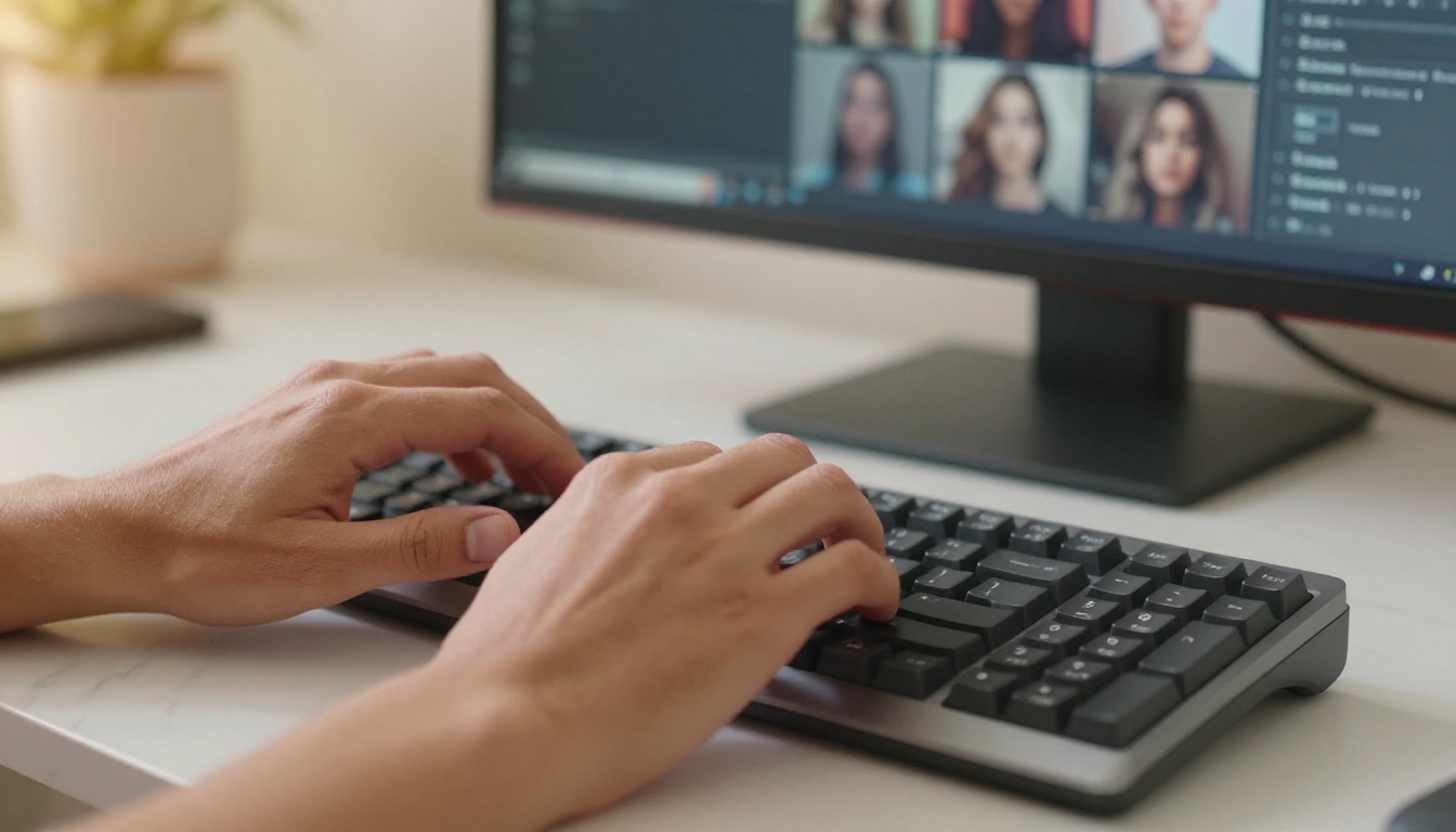 Hands hovering over a keyboard with AI-generated portraits reflected on the monitor