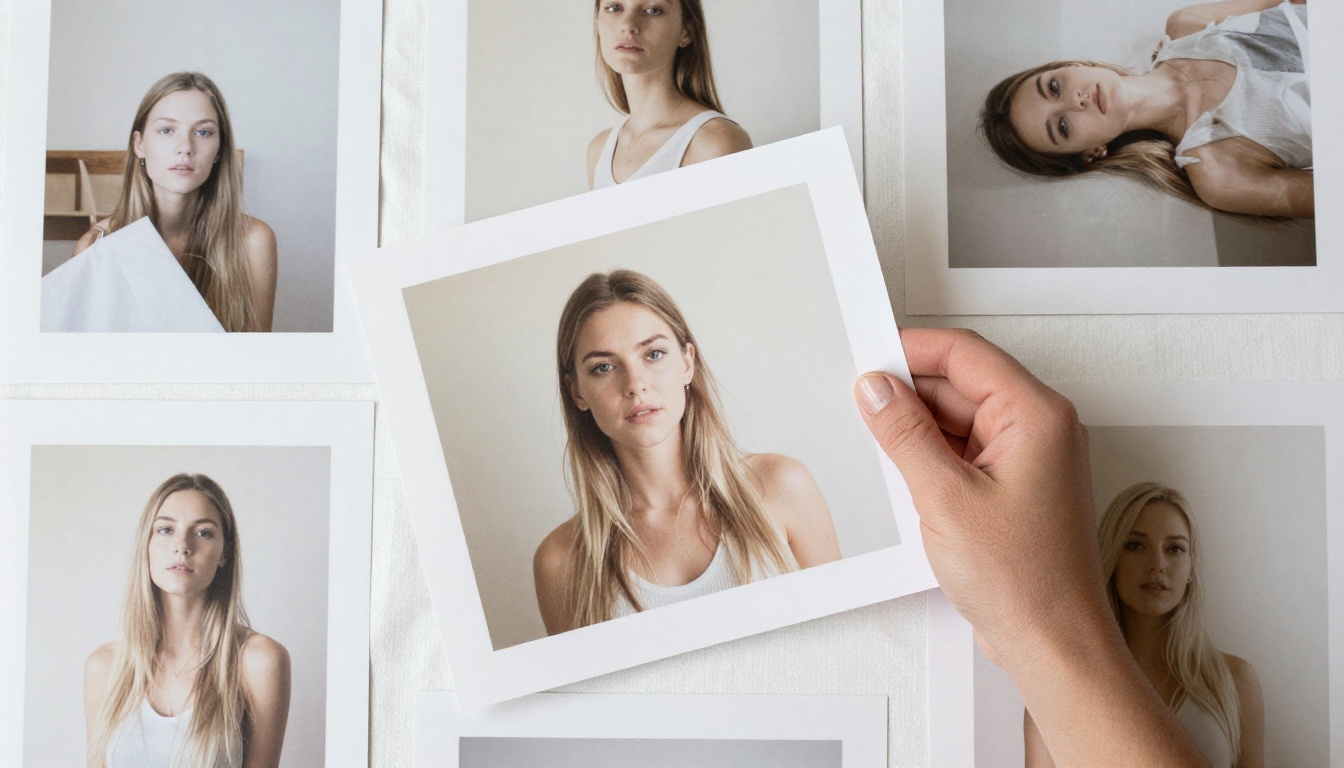 Aerial flat-lay of AI-generated printed photos spread across a white table with a hand holding one photo up