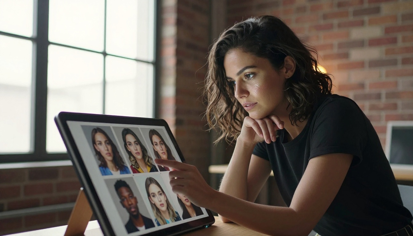 A woman in a creative studio with exposed brick walls reviewing AI-generated portraits on a tablet
