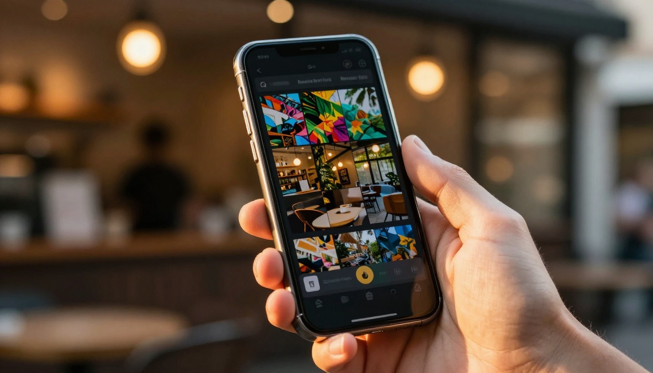 A smartphone in one hand showing AI image generation results in a warm golden-light cafe setting