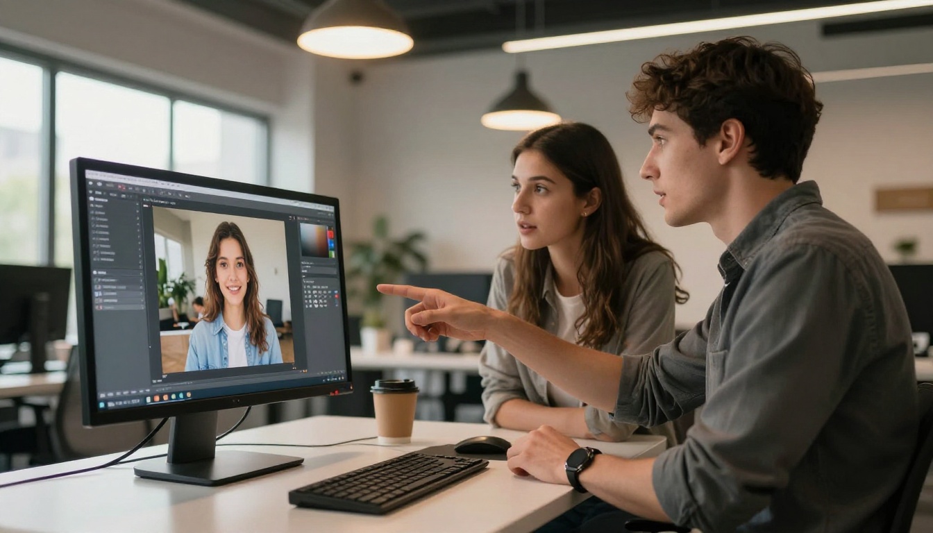 Two professionals at a white standing desk reviewing a before-and-after AI image comparison on a large monitor