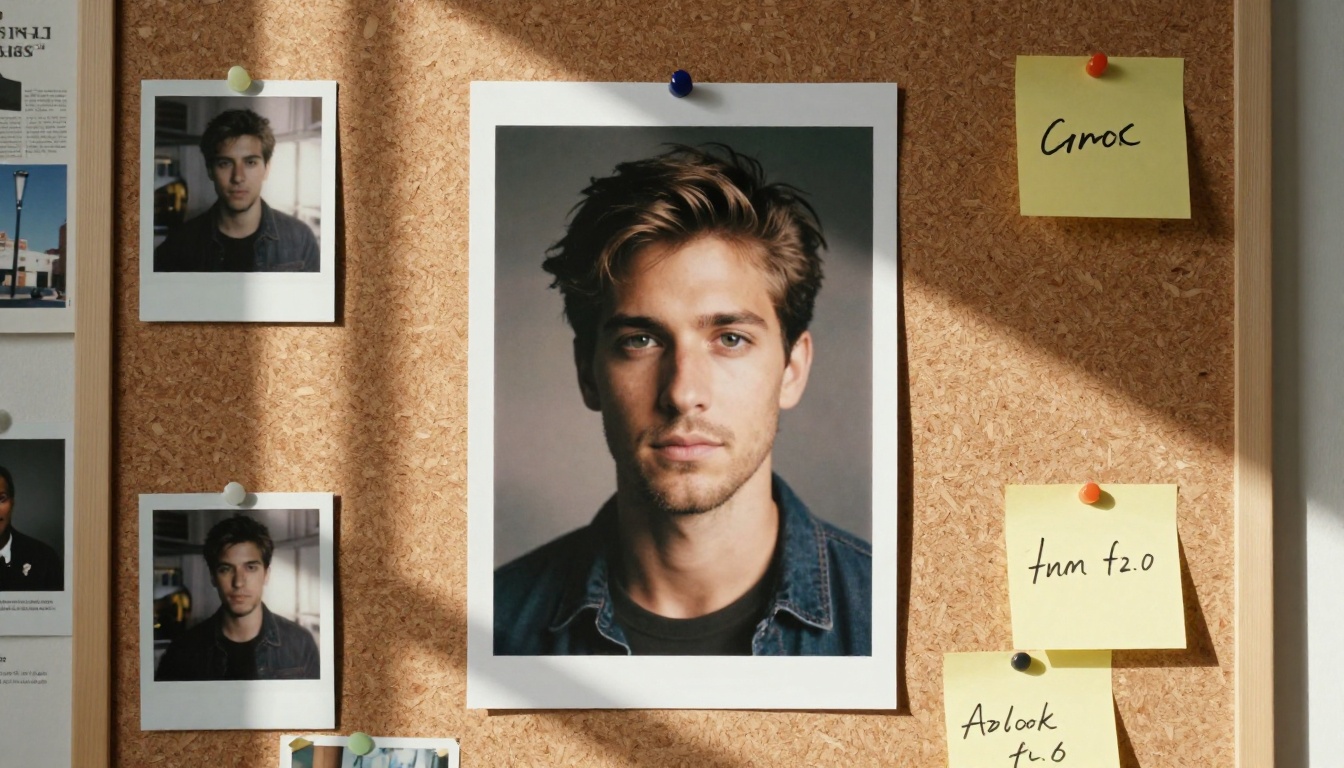 A photorealistic AI-generated portrait pinned to a cork mood board surrounded by Polaroid reference photos and sticky notes