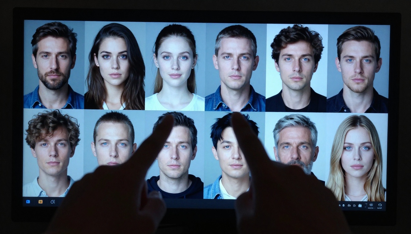 A close-up of a monitor showing a 4x3 grid of diverse AI-generated photorealistic faces with hands pointing at the screen