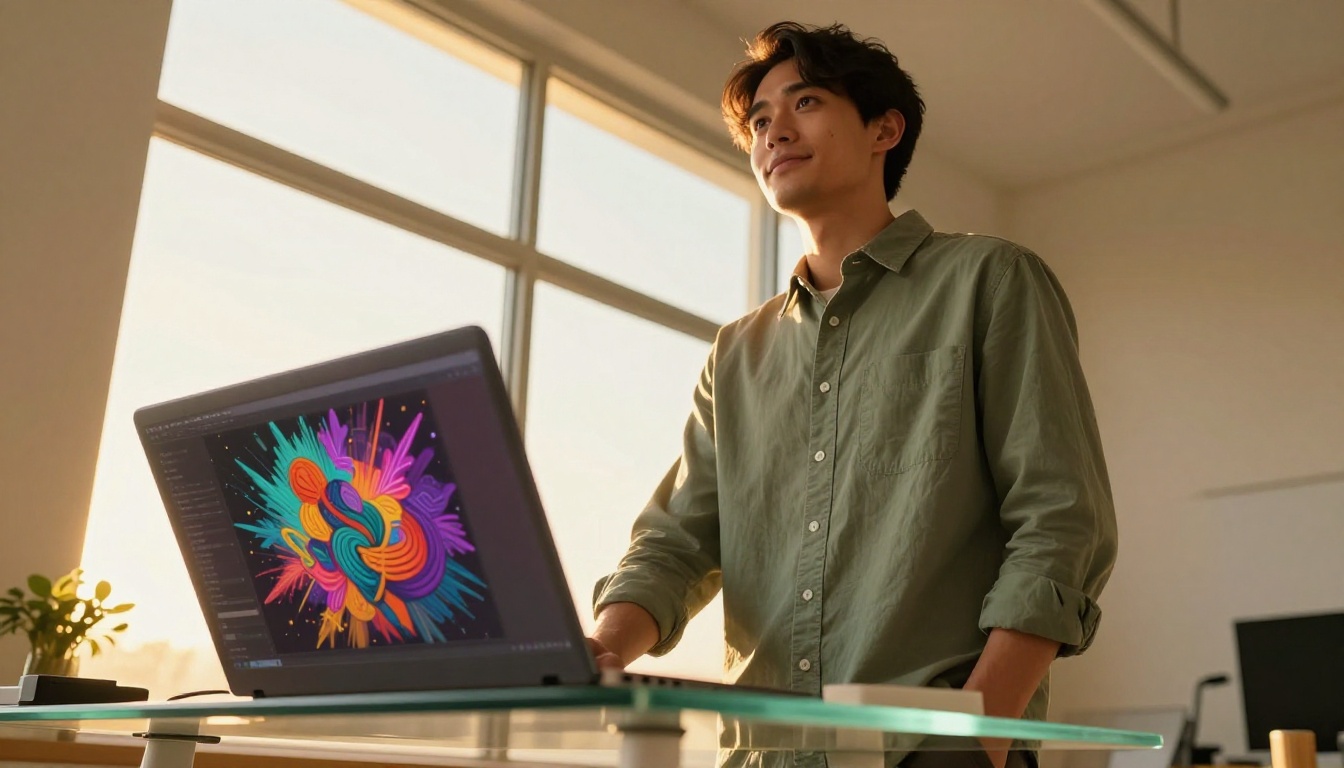 A man in a sage green shirt standing at a glass desk in golden hour backlight with a laptop showing colorful AI artworks