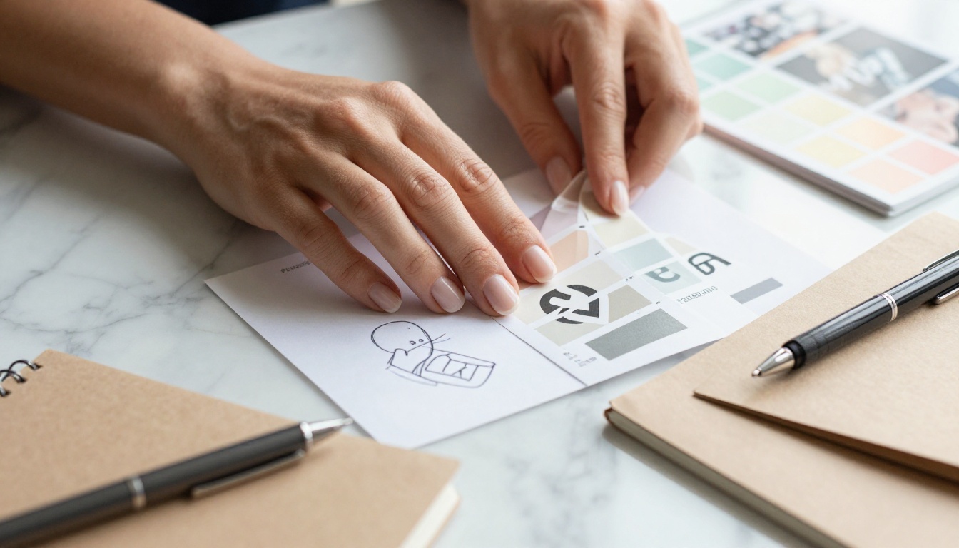 Brand identity materials arranged on a marble desk Brand identity materials arranged on a marble desk