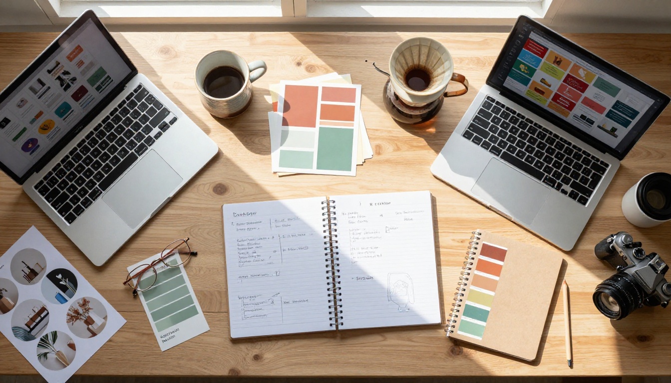 Aerial flat lay of a brand strategy creative workspace Aerial flat lay of a brand strategy creative workspace