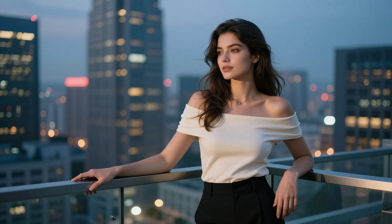 A confident young woman at rooftop terrace overlooking city skyline at dusk