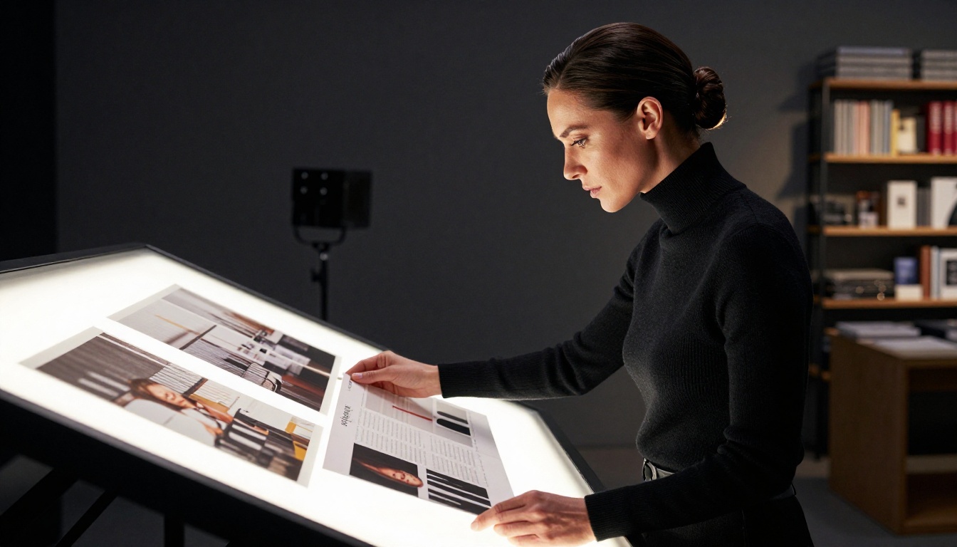 Creative director examining brand print materials at a light table Creative director examining brand print materials at a light table