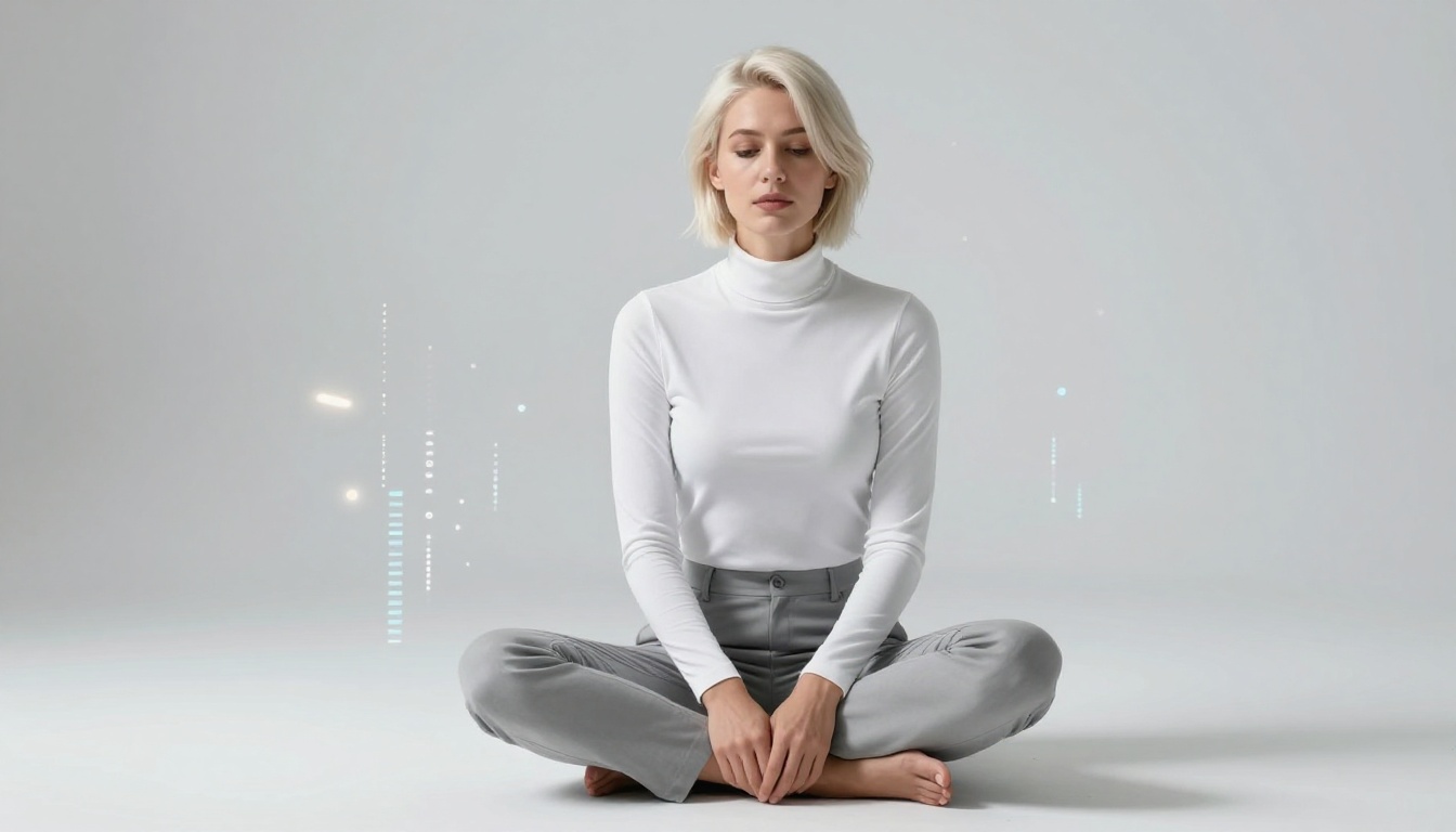 A woman with short platinum blonde hair in a minimalist white studio, surrounded by soft light particles