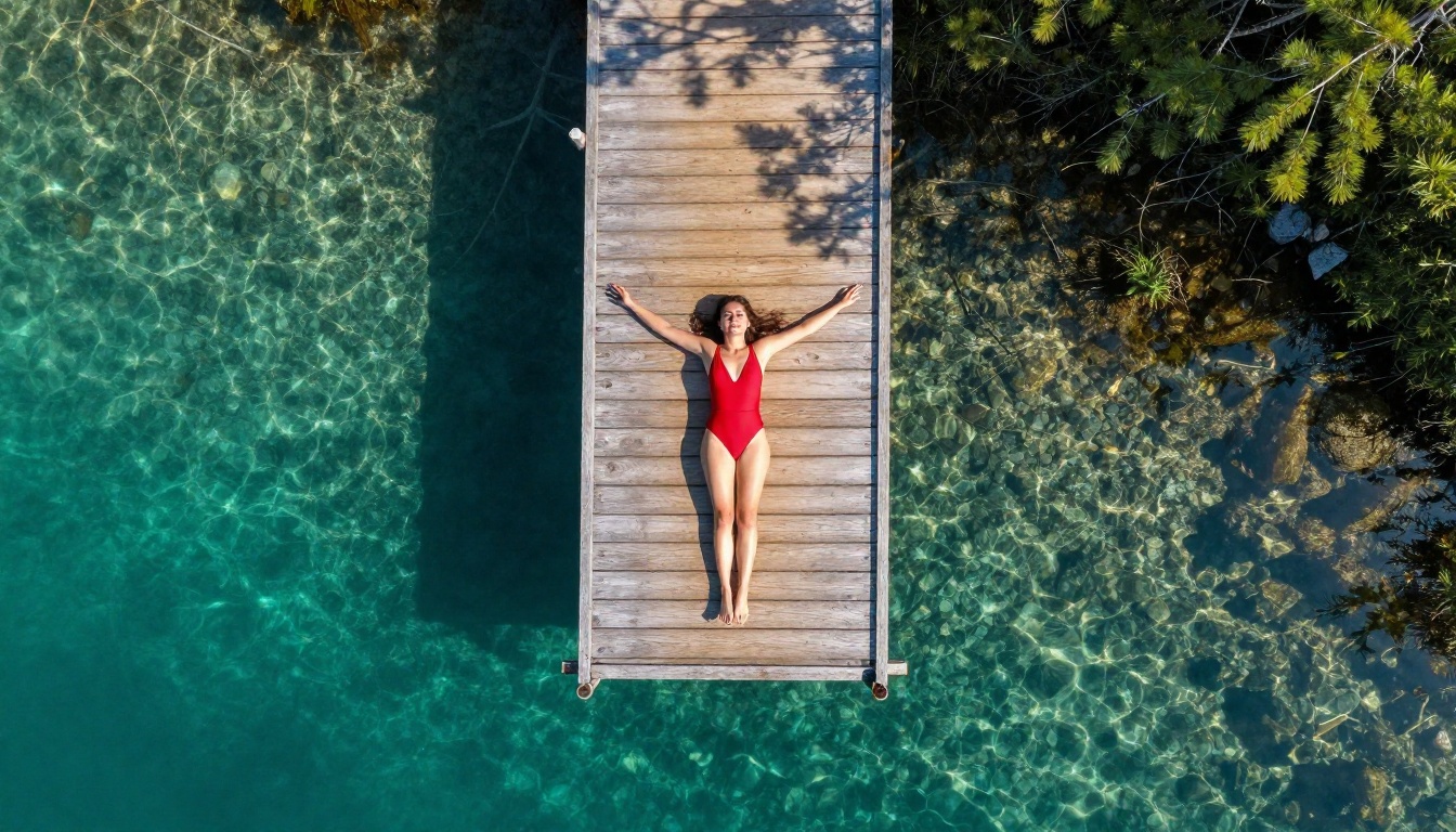 Aerial bird's-eye view of a woman in red swimsuit on a wooden dock over a turquoise lake