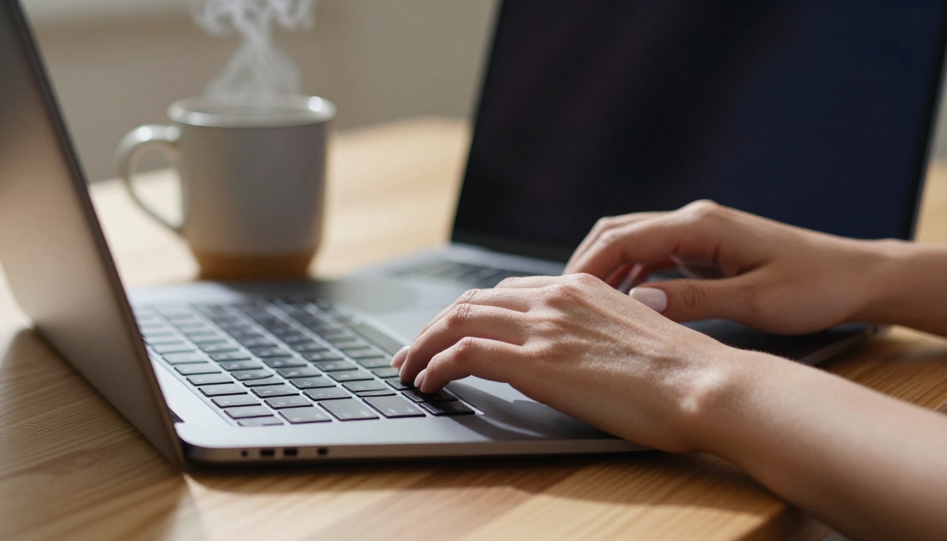 Close-up macro shot of woman's hands typing on a matte black laptop with coffee mug beside it