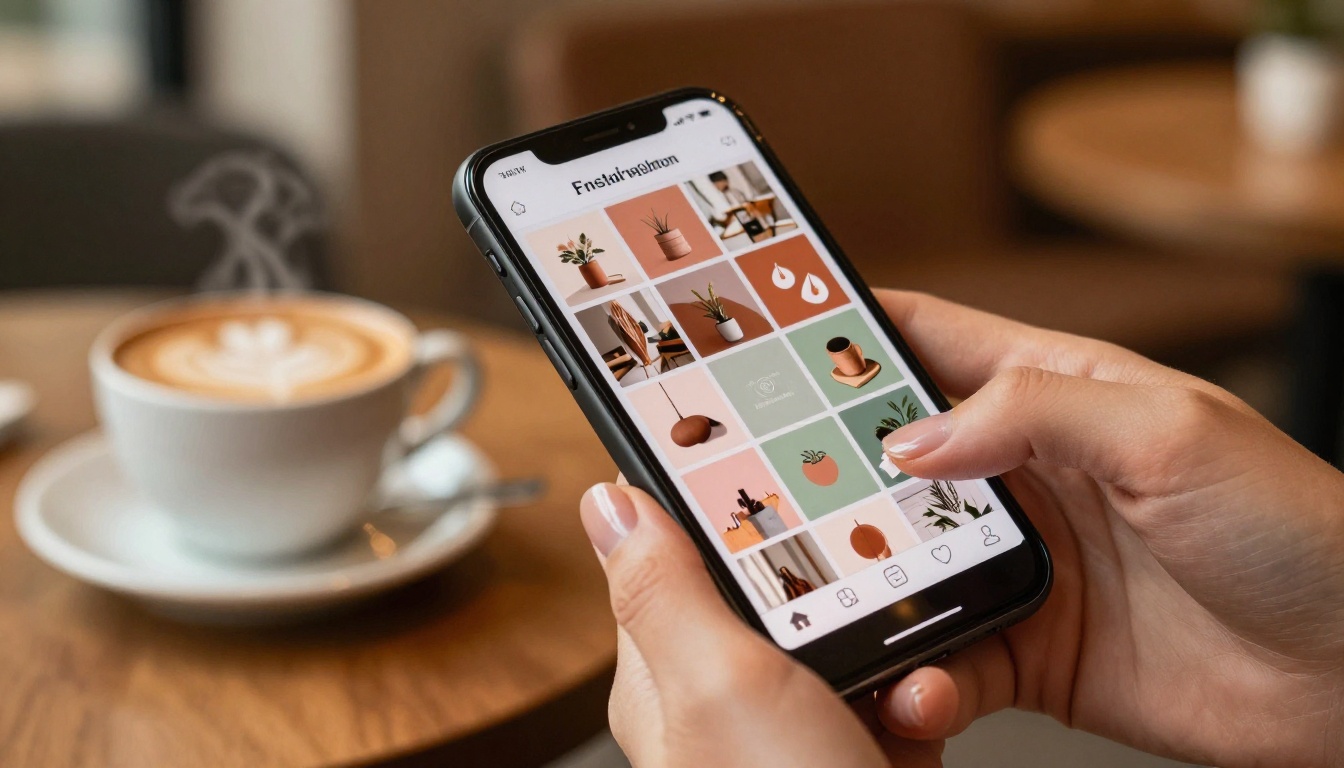 Smartphone showing a cohesive Instagram brand grid Smartphone showing a cohesive Instagram brand grid