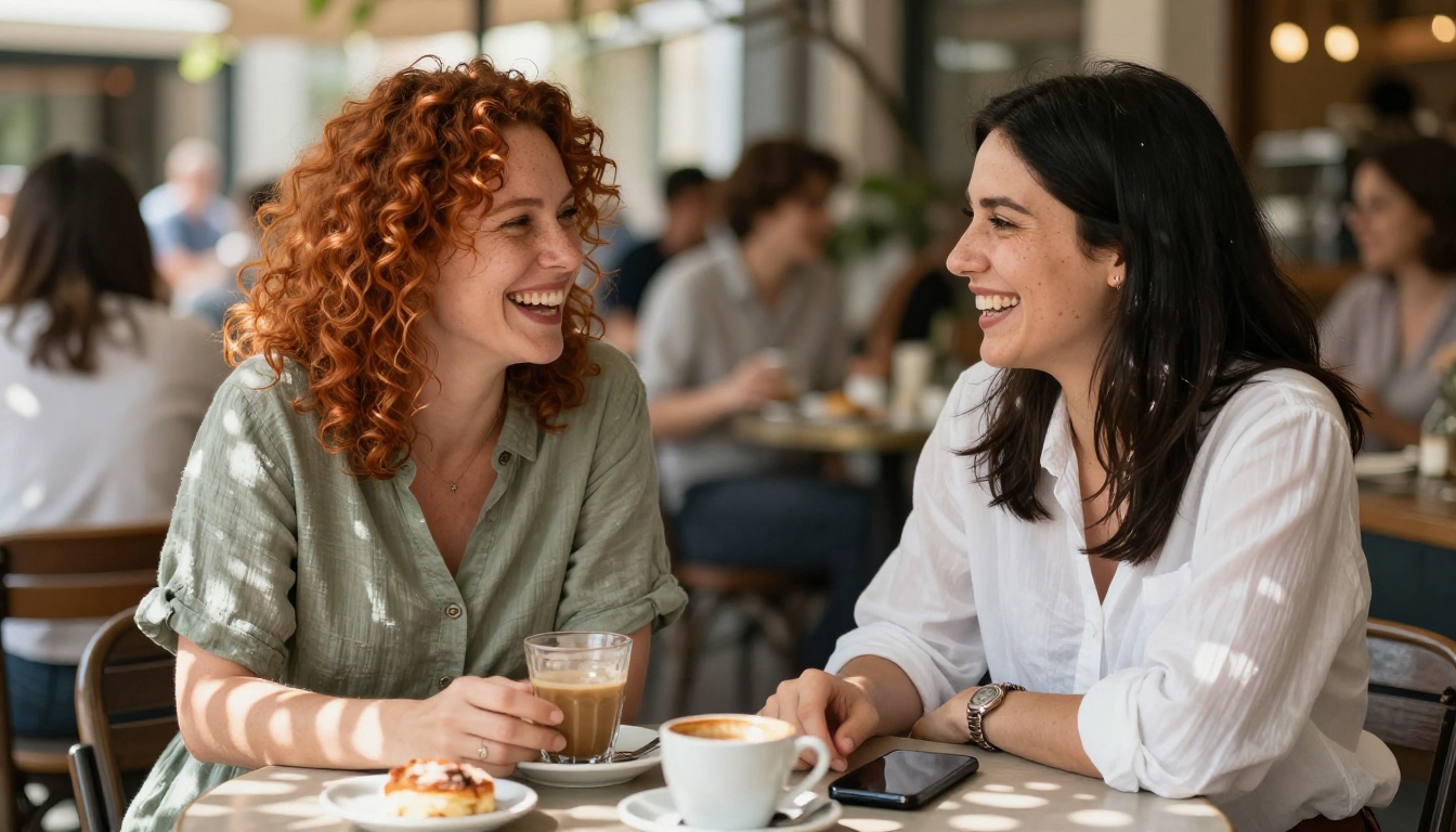 Two women laughing at a sunlit outdoor cafe table with coffee and pastries