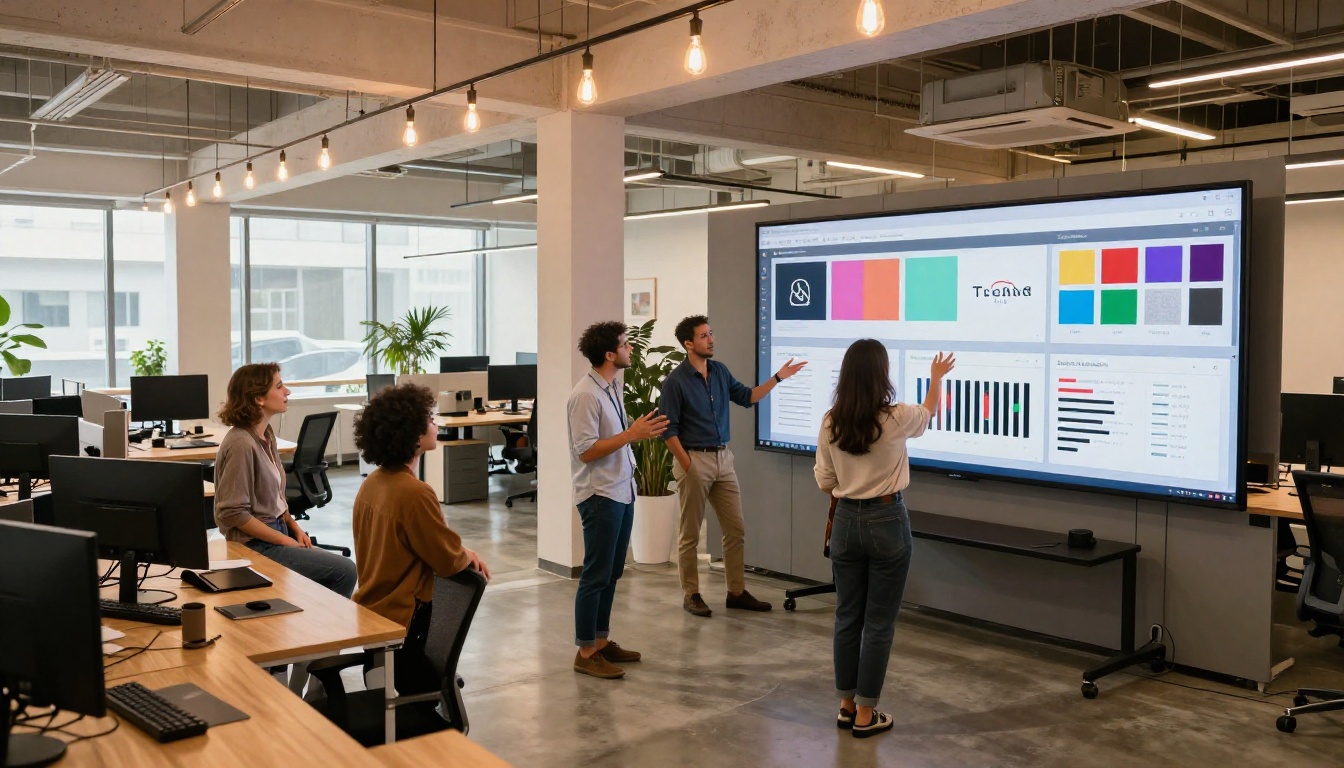 Brand agency team collaborating around a visual identity presentation
