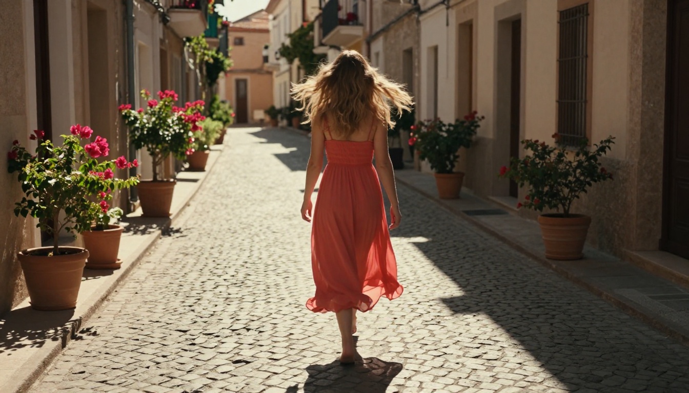 A woman in coral sundress walking barefoot along narrow cobblestone Mediterranean village street A woman in coral sundress walking barefoot along narrow cobblestone Mediterranean village street