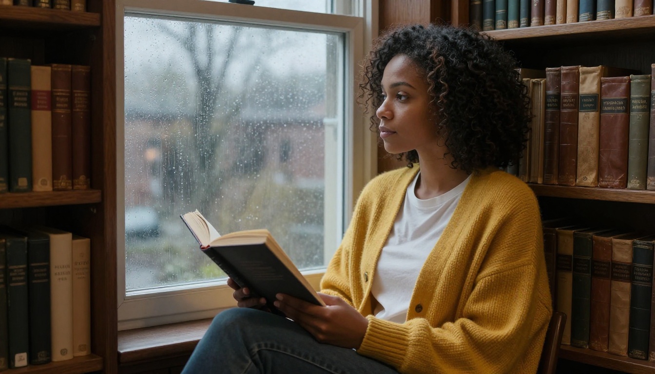 A woman with natural coiled hair reading in a cozy library with split warm and cool lighting A woman with natural coiled hair reading in a cozy library with split warm and cool lighting
