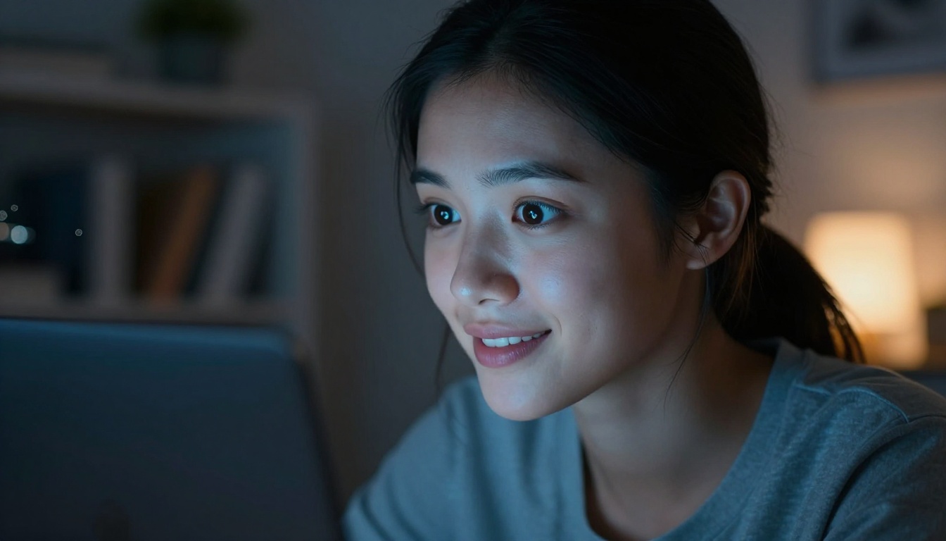 Woman studying AI-generated brand visuals on a laptop screen at night