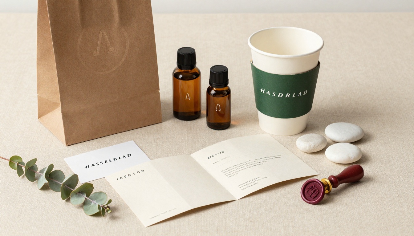 Elegant flat lay of a complete brand identity system on linen Elegant flat lay of a complete brand identity system on linen