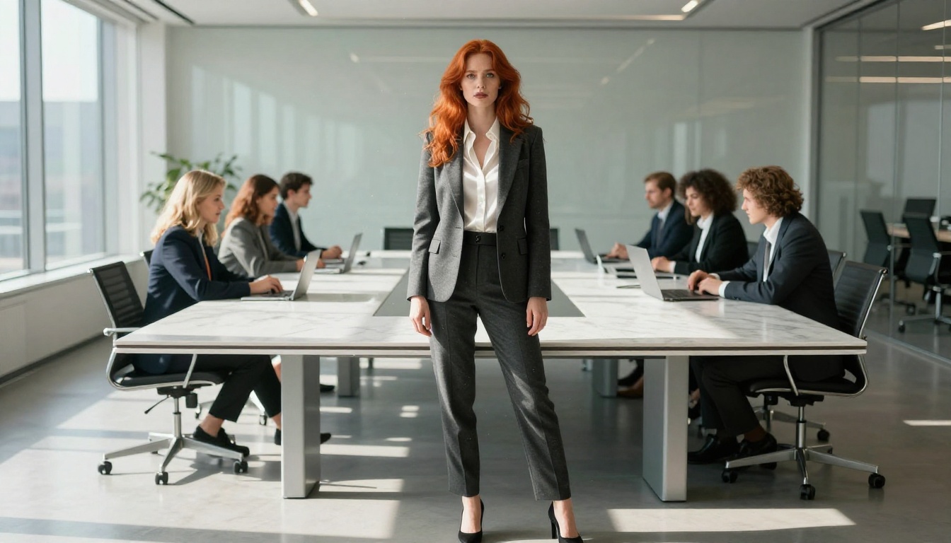 A woman with red hair presenting confidently in a modern glass-walled conference room with morning sunlight A woman with red hair presenting confidently in a modern glass-walled conference room with morning sunlight