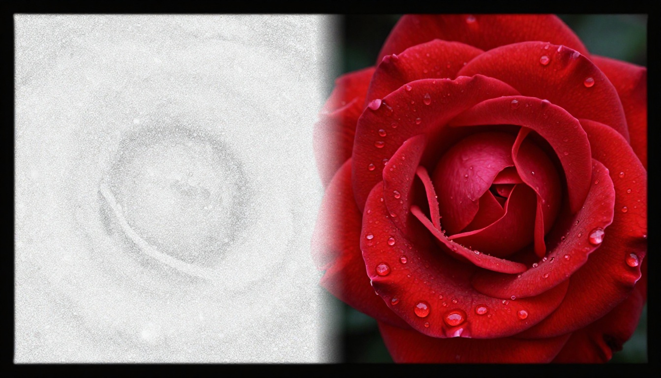 Visualization of noise resolving into sharp image detail, showing the diffusion process in photorealistic macro photography