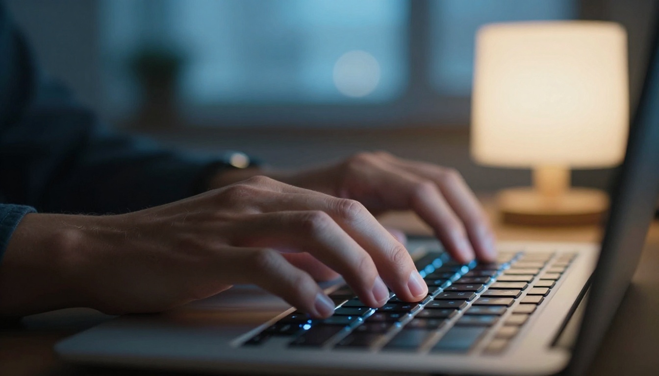 Hands typing a detailed prompt on a mechanical keyboard at night, screen glow illuminating fingers