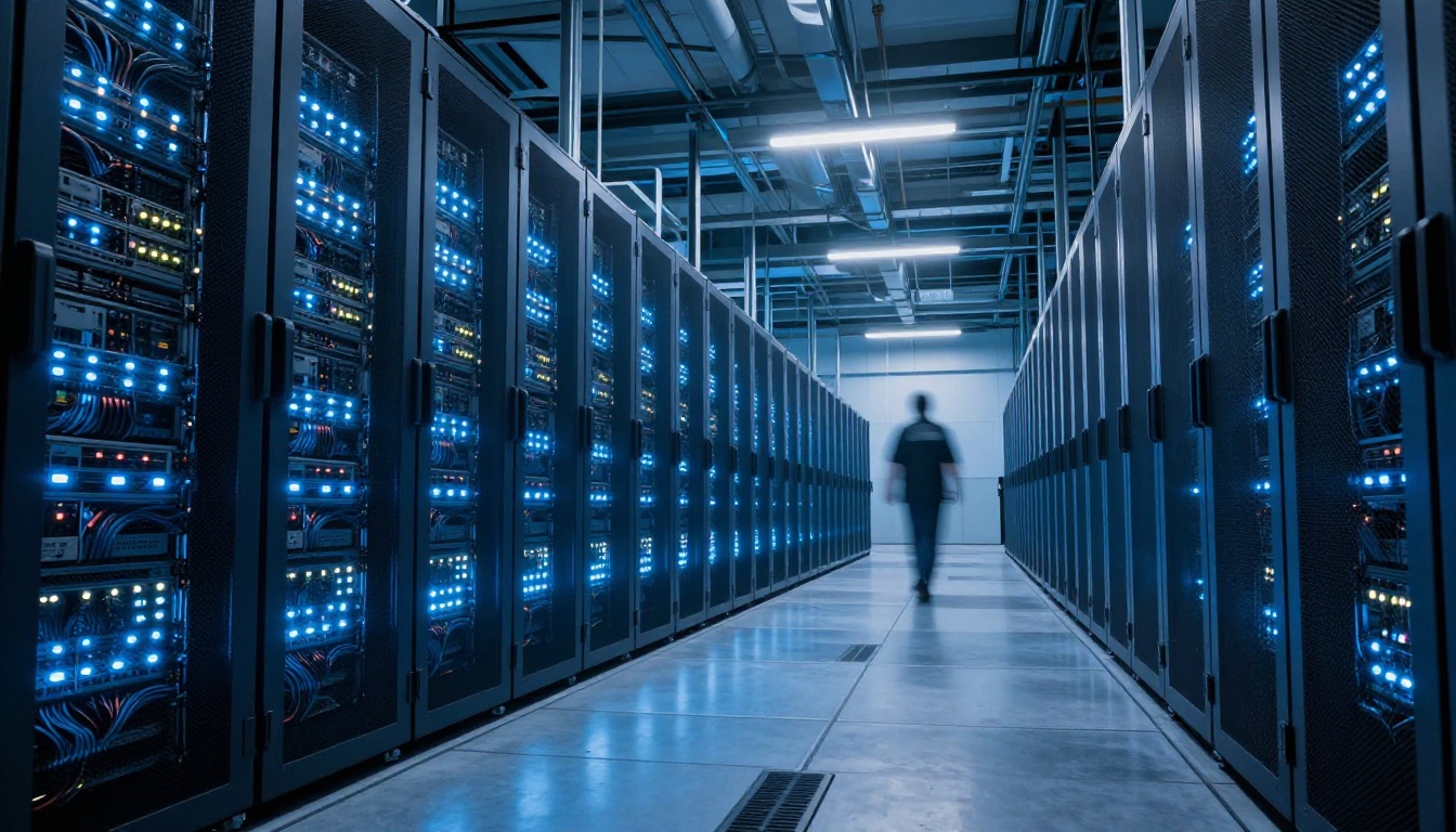 Large-scale data center interior with server racks showing the computational infrastructure that powers AI image generation