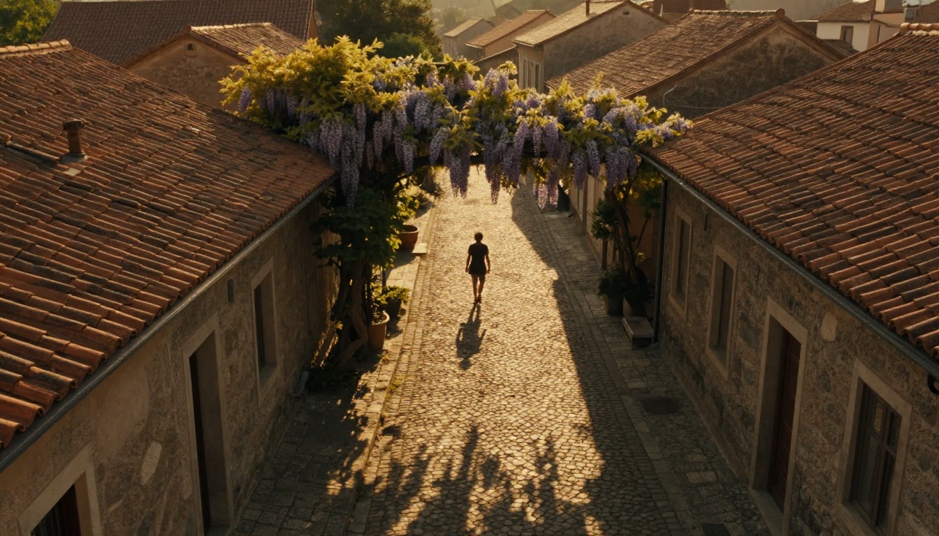 Aerial cinematic view of a European cobblestone street at golden hour, lone figure under wisteria