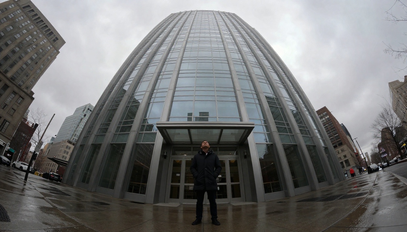 Low-angle urban shot looking up at a glass skyscraper on a cloudy morning, lone figure at entrance