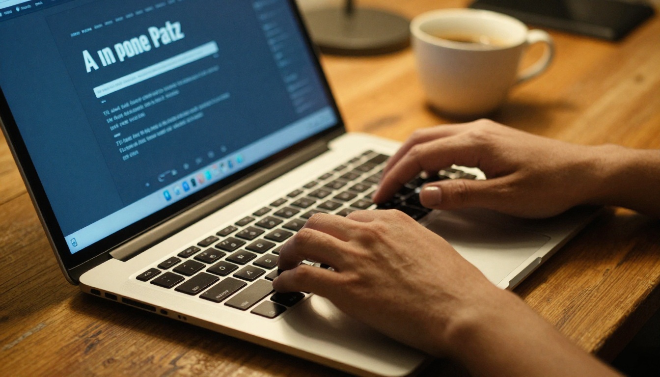 Photorealistic shot of hands typing on laptop, showing the text-to-image creative process in a warm evening workspace