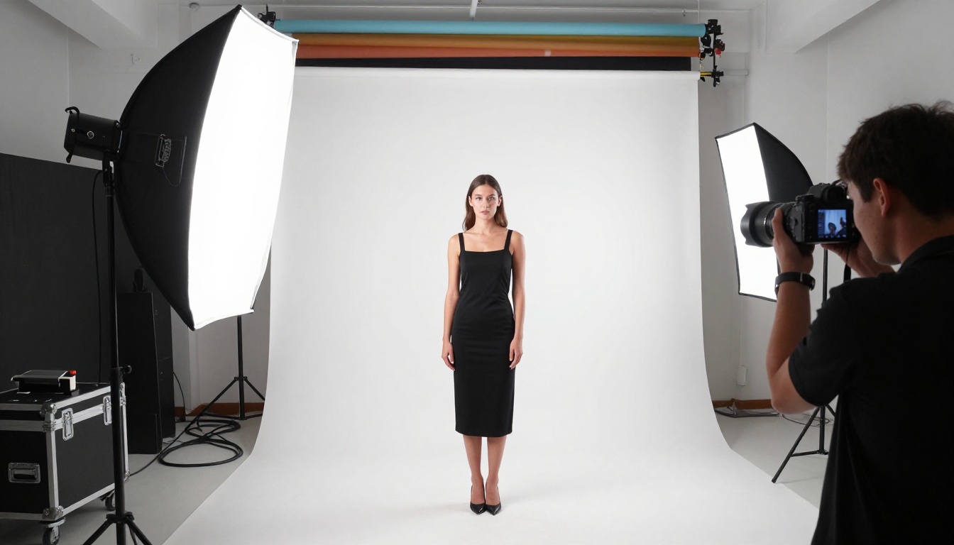 Professional photography studio with model posing showing the real-world photography that AI models learn from in their training data