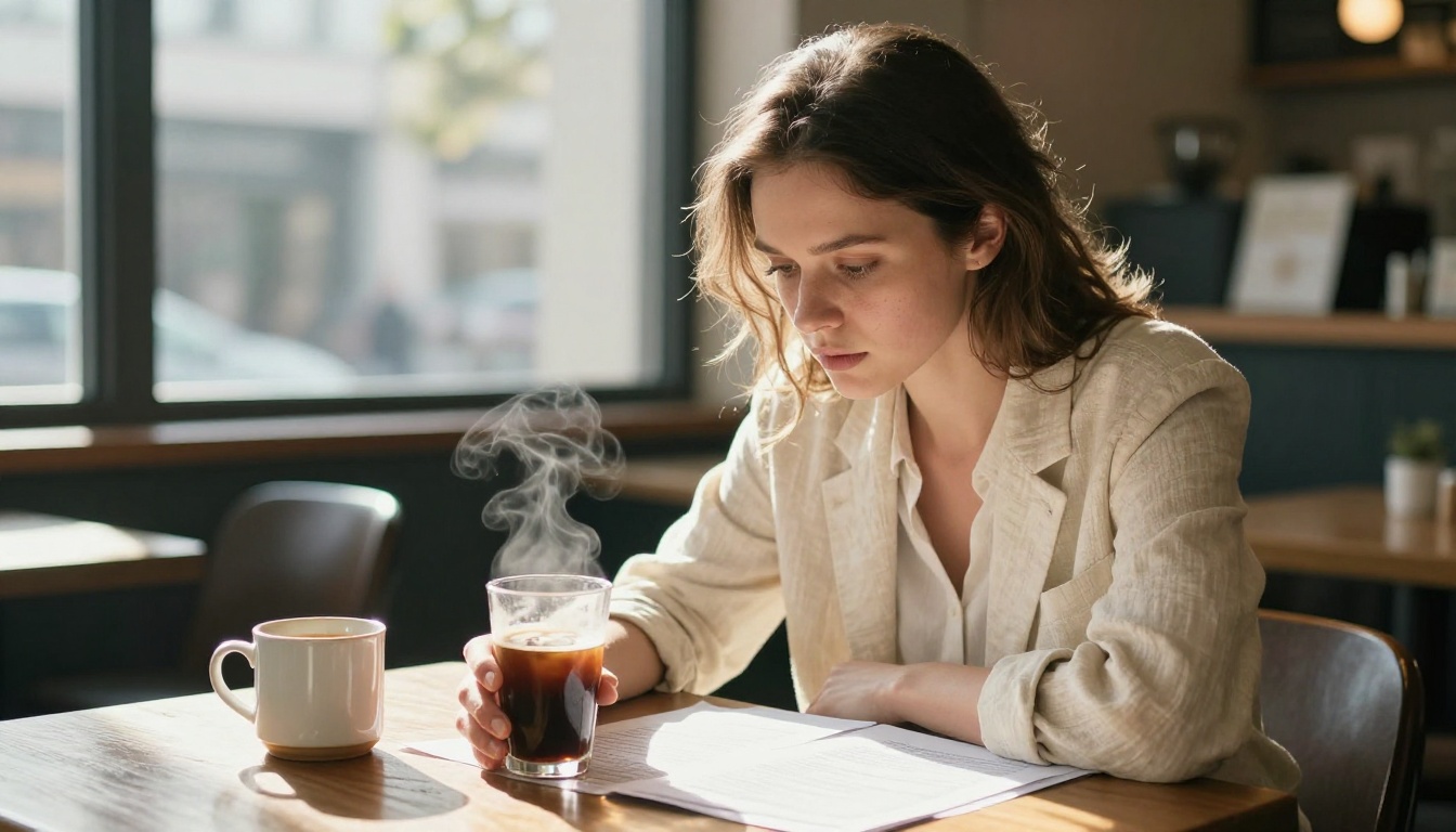 Woman in linen blazer reading printed pages at a coffee shop, soft morning daylight from the side