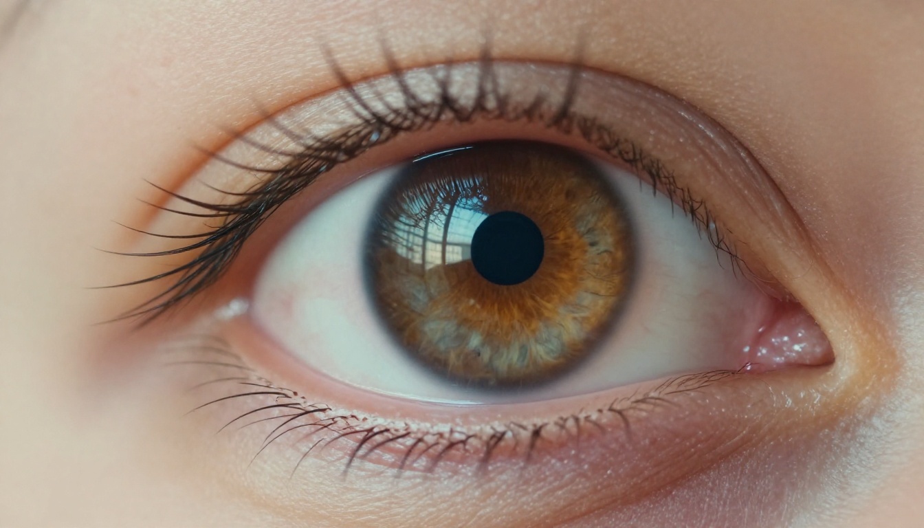 Extreme macro close-up of a human eye reflecting a glowing screen, hazel iris in fine detail