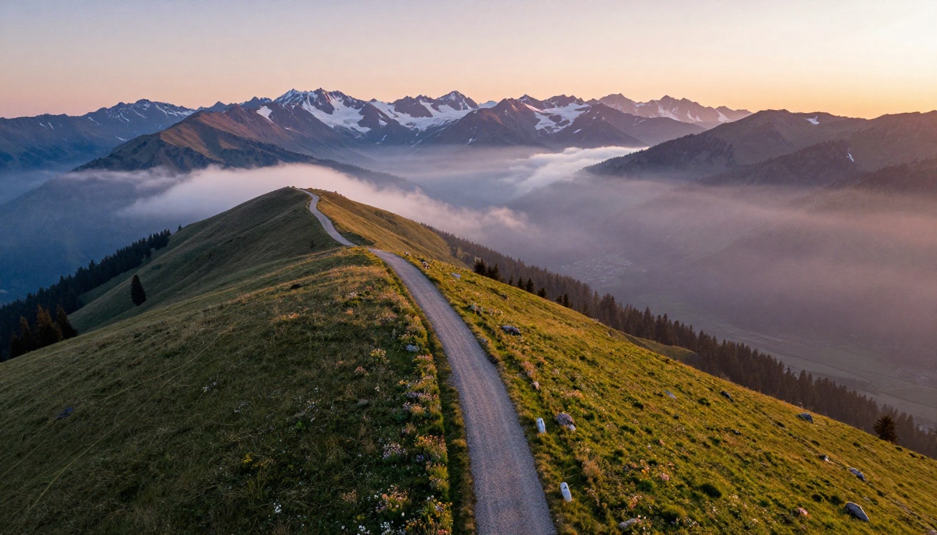 Aerial drone photography of alpine mountain landscape at sunrise, showing the scale of realistic imagery AI generators can produce