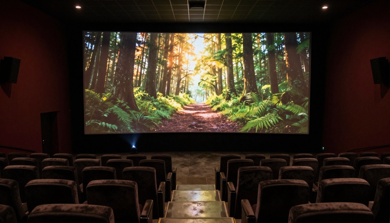 Empty cinema theater with a lush forest projected on screen, projector beam cutting through dusty air Empty cinema theater with a lush forest projected on screen, projector beam cutting through dusty air