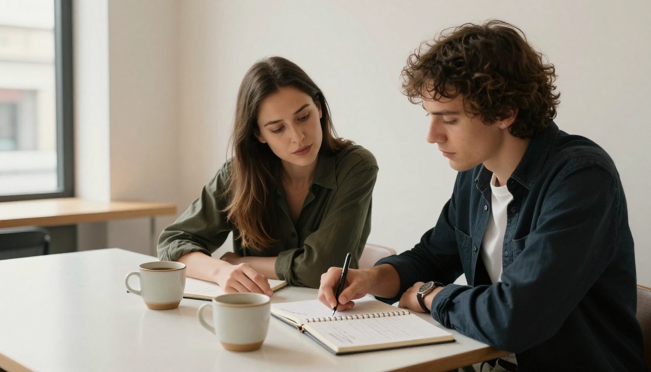 Two people at a minimal café table, one pointing at a notebook, warm window light from the side Two people at a minimal café table, one pointing at a notebook, warm window light from the side