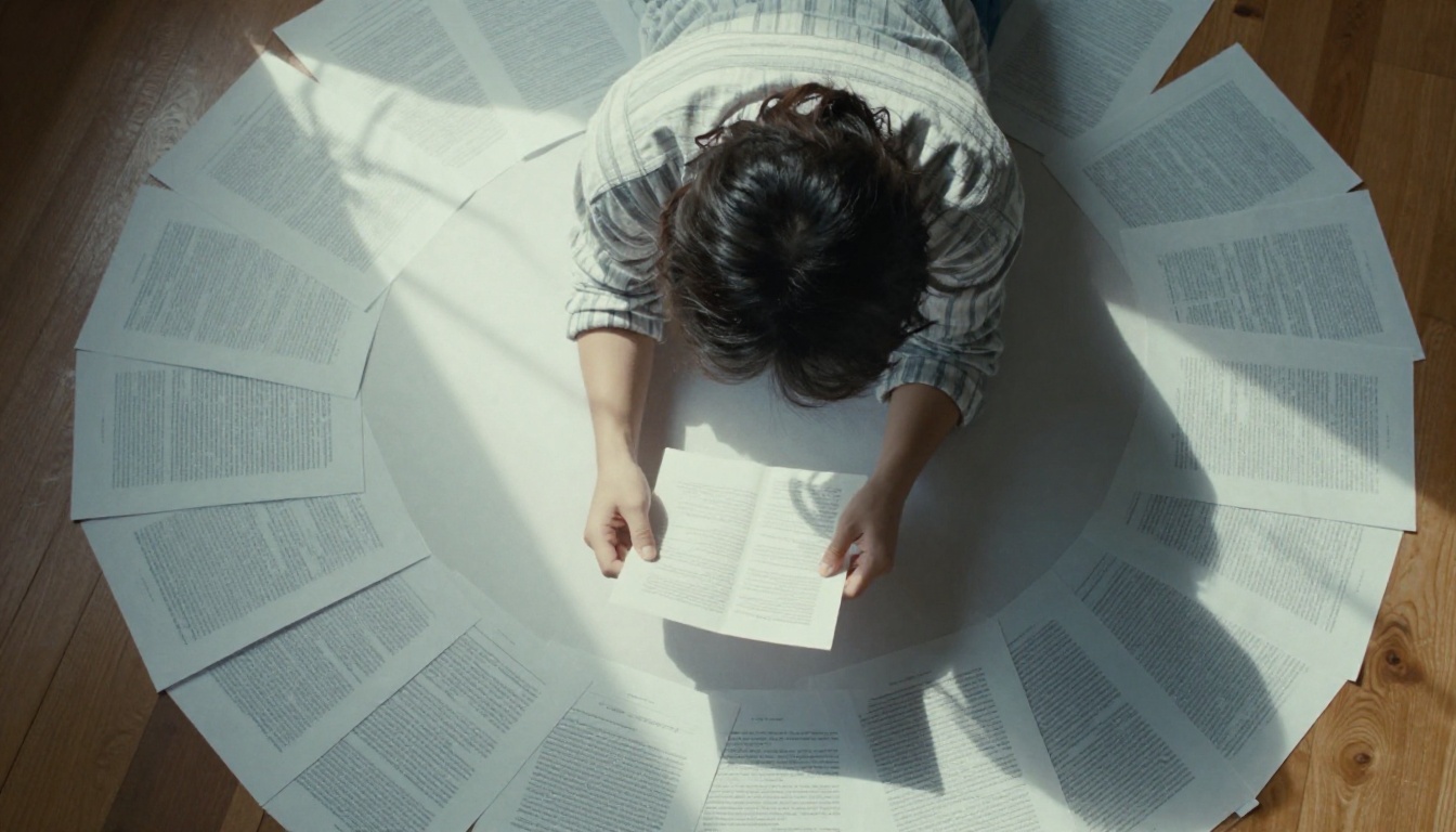 Person lying on a wooden floor surrounded by printed paper sheets arranged in a radial pattern, reading carefully Person lying on a wooden floor surrounded by printed paper sheets arranged in a radial pattern, reading carefully
